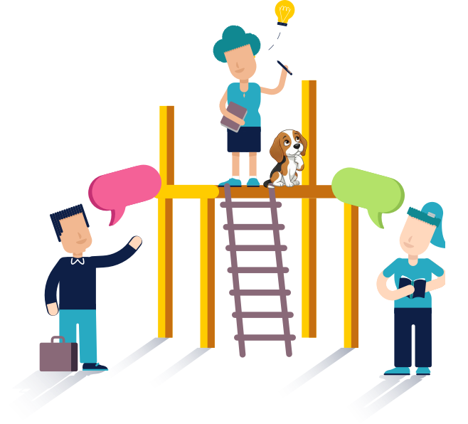 Ilustración: equipo docente en torno a una escalera y bombilla de ideas